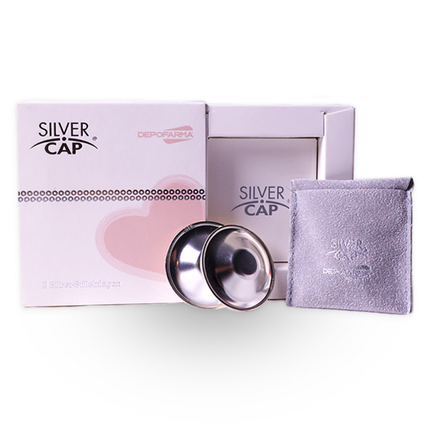 Silver Cap Stillhilfe Set mit Verpackung, zwei silbernen Stillkappen und Aufbewahrungsbeutel für empfindliche Brustwarzen