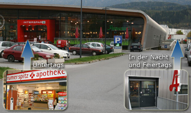 Apotheke bei Interspar mit Hinweis auf Tages- und Nacht-/Feiertagsdienst inklusive Standortanzeige